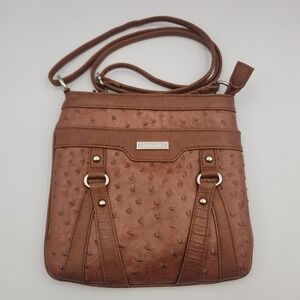 KOLTOV Brown Ostrich Embossed Faux Leather Crossbody Bag Adjustable Strap Zip